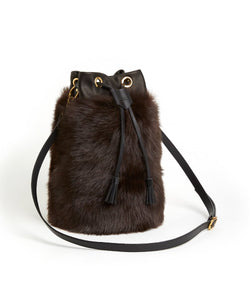 Drawstring Shearling Bag with 2 Way Shoulder Strap - L / Brown Shearling & Black - (ki:ts)