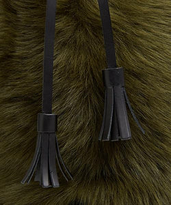 Drawstring Shearling Bag with 2 Way Shoulder Strap - L / Olive Shearling & Black - (ki:ts)