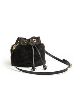 Drawstring Shearling Bag with 2 Way Shoulder Strap - S / Black Shearling & Black - (ki:ts)